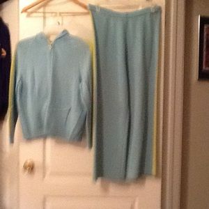 St. John Santana Knit Blue with Green Stripe Capris Set